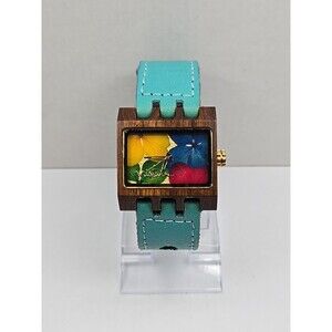 Mistura Lenzo Teak Wood Hydrangea Petal Dial Turquoise Leather Watch New Battery